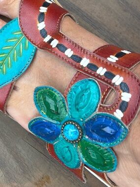 Women's Brown Leather Slide Sandals with Teal Floral Accents L Artiste 10